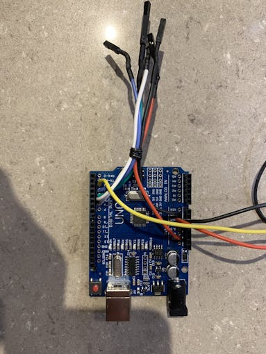 Solder connections to Arduino and tied to neatness 