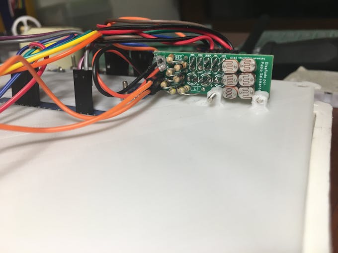 Close-up of the photoresistor array and PCB. Finish Line module 