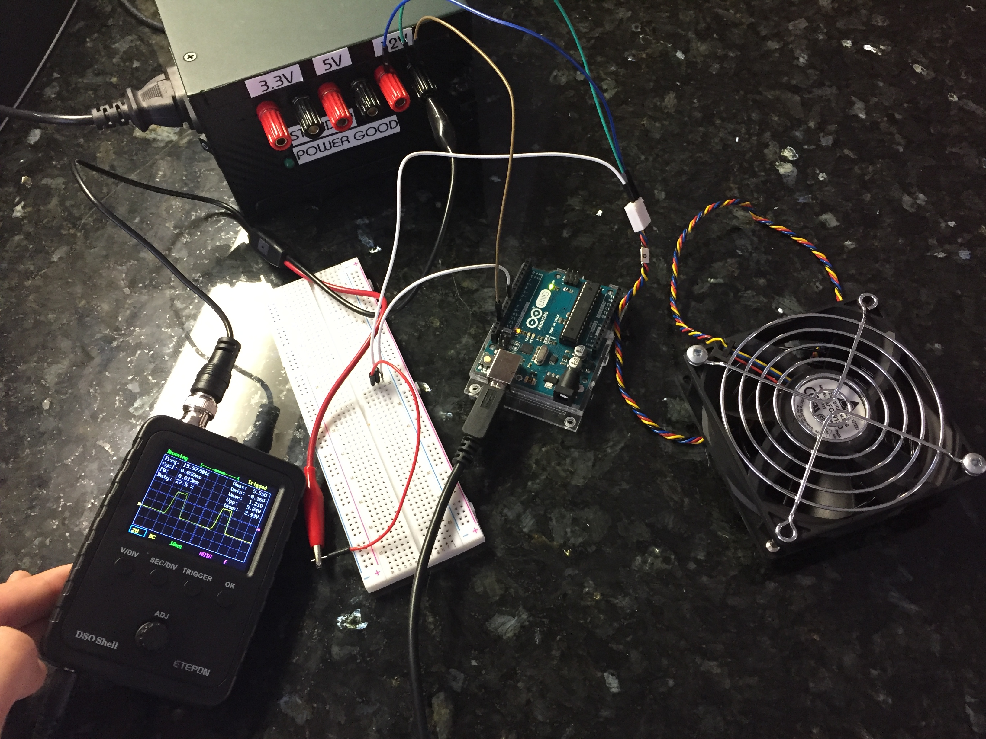 The oscilloscope makes quick work when analyzing the pulses. 