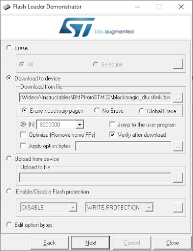 Flash Download Settings for DFU Image