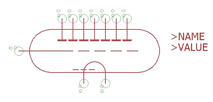 IV-12 VFD tube schematic symbol. I have no idea which anode pin corresponds to which display segment but I will be able to remap them in software so it doesn’t really matter.