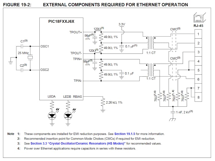 PIC18F67J60 minimal Ethernet circuit.