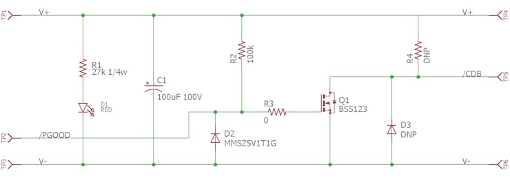 Open-drain, active-low power good to open-drain, active-low converter disable test board schematic. Rated for 60 V operation.