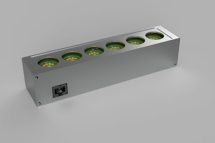 Rear view of the PoE-powered VFD tube clock enclosure.