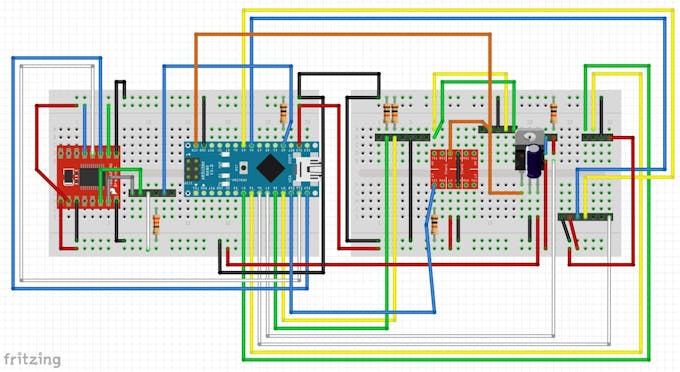 Hardware Hookup with pin headers for connected components (movement, OLED, alarm clock interfaces)