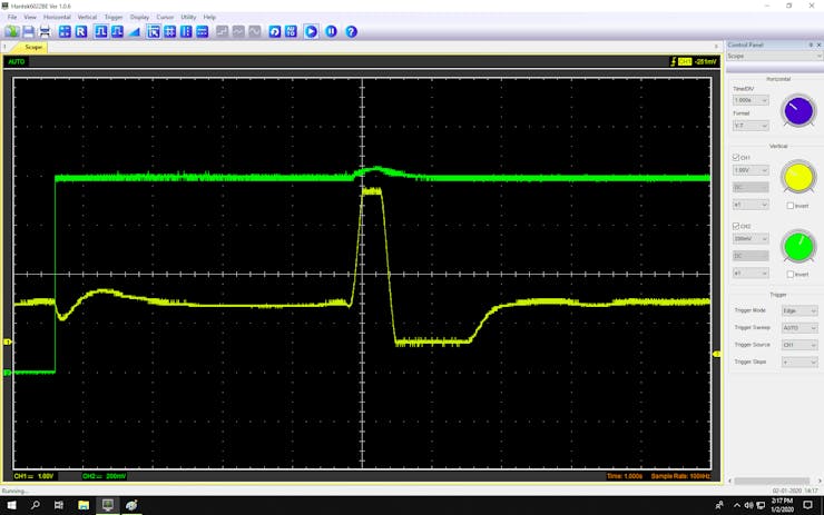 The Green signal is the sensor output, the Yellow one is the amplified signal.