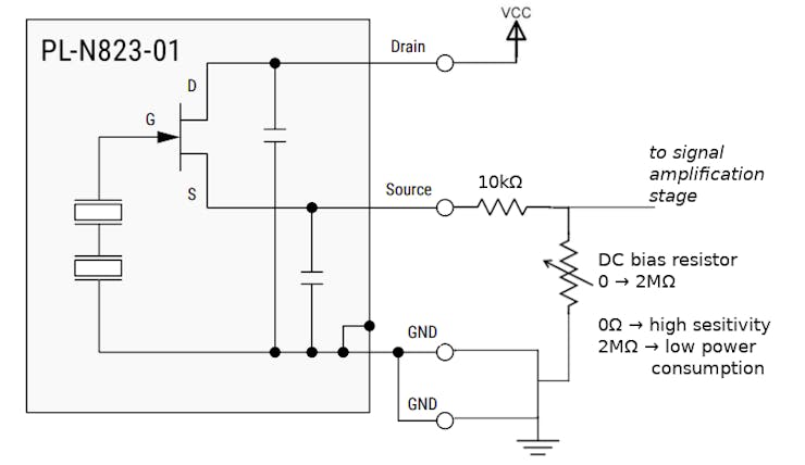 Variable 0-2MOhm resistor setting the sensitivity and current consumption of the PL-N823-01 sensor