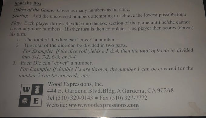 Printable Shut The Box Rules 02/2022 Printable Shut The Box Rules 02/2022