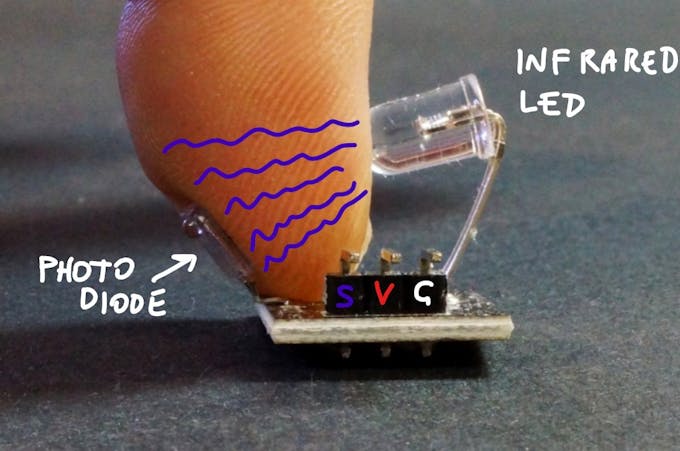 The infrared waves passing through the finger reaches the photodiode