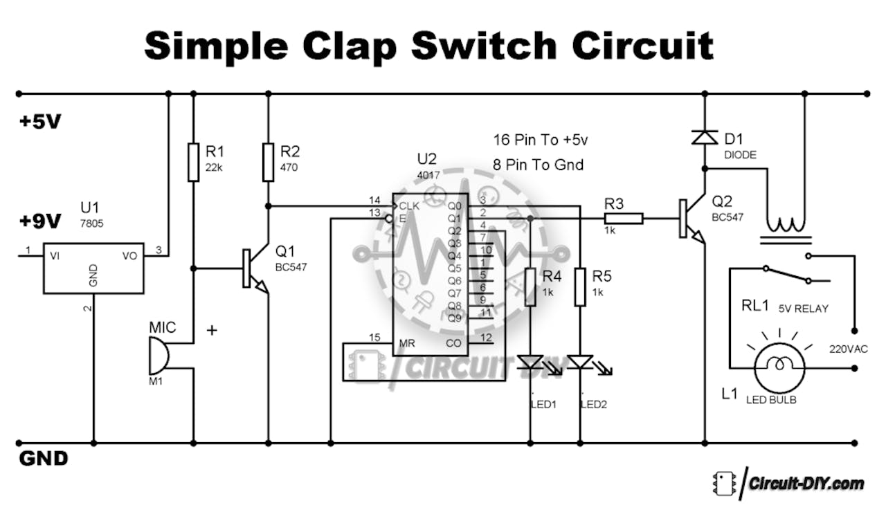 clap on/off switch circuit, clap switch using cd4017