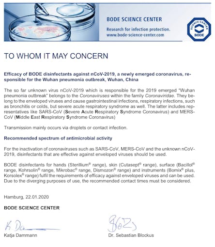 Declaration from Bode Chemie Germany, on efficacy against COVID-19.
