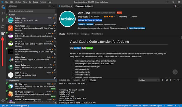 VS Code, Extensions - showing the list of installed extensions