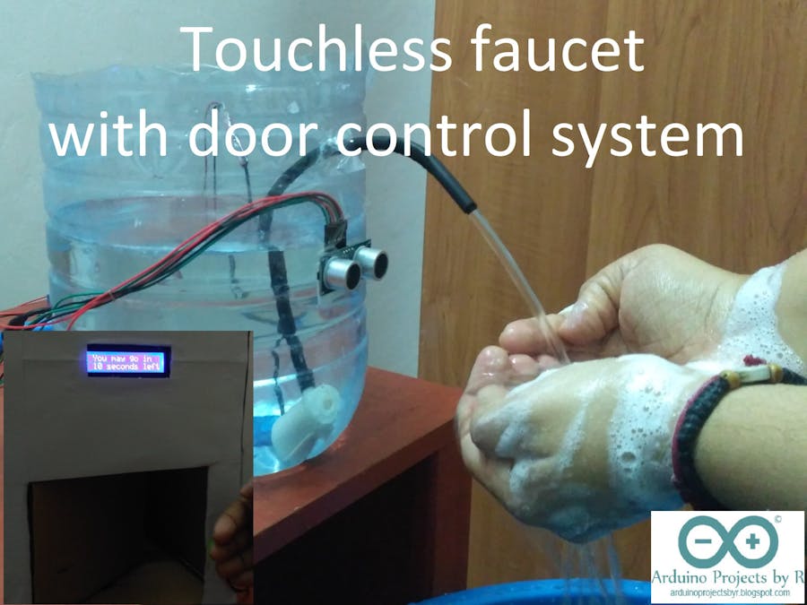 Touchless faucet with door control system for COVID-19