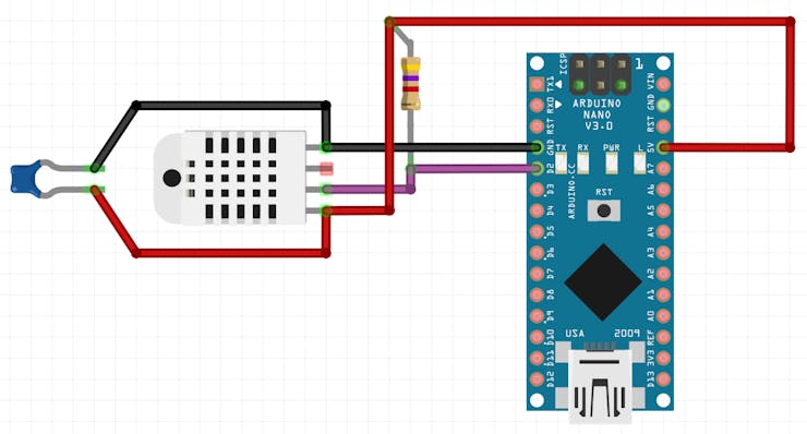 Connection of DHT22 sensor to Arduino Nano
