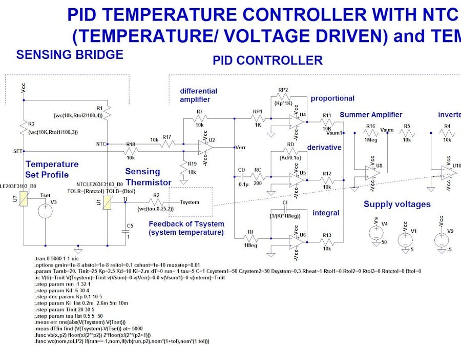 Simulation of analog PID temperature control with thermistor