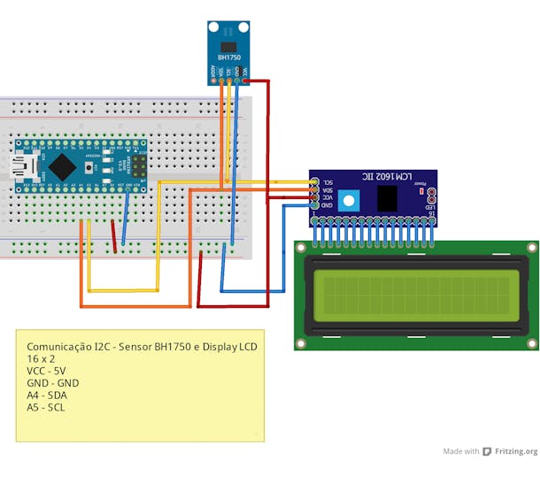 Figure 2 - Schematic circuit with the connections of the BH1750 sensor and the LCD display to the Arduino nano.