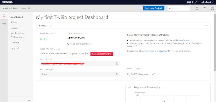 Twilio Dash board