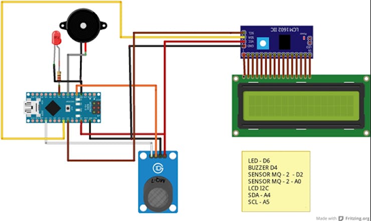 Figure 2 - Schematic circuit with the connections of the MQ - 2 sensor and the LCD display to the Arduino nano.