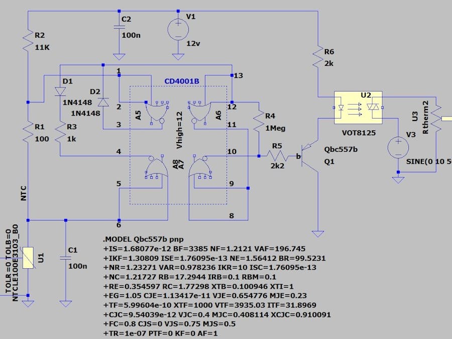 Spice simulation of 4001 controlled NTC thermostat