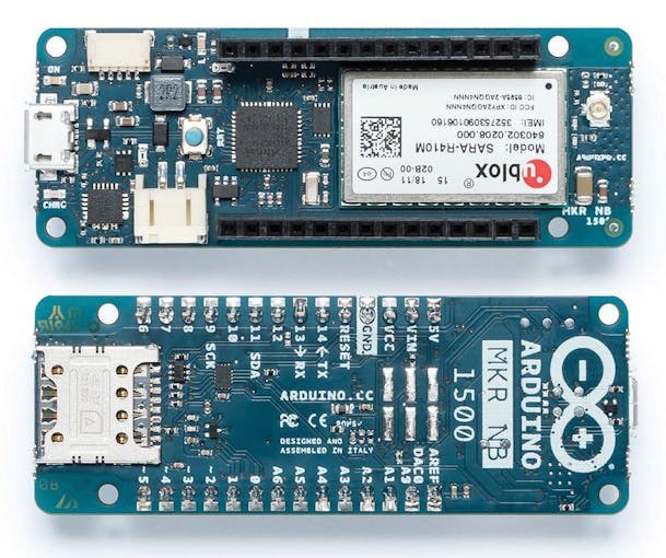 Top and bottom view of the Arduino MKR NB 1500 board
