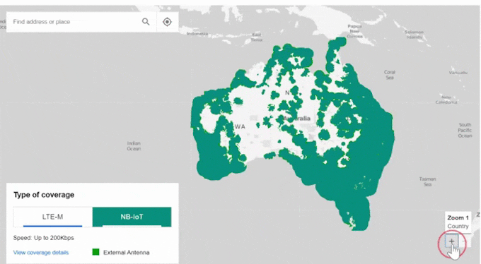 Telstra's interactive narrowband coverage map in Australia