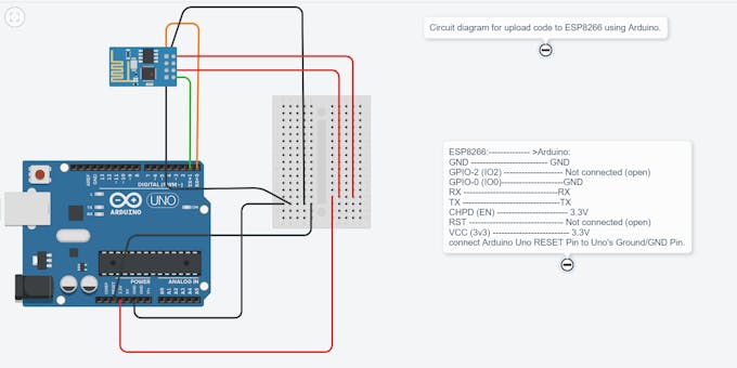 Circuit diagram for upload code to ESP8266 using Arduino.