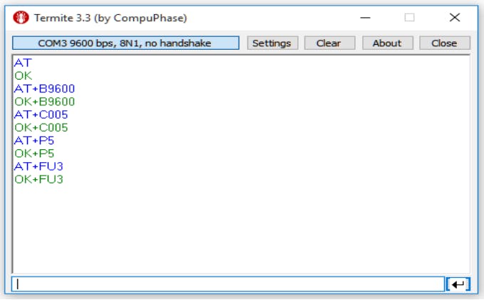 Figure 7 - Termite software configuring the operation mode of the HC 12 module.