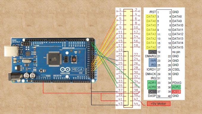 Wiring between an Arduino Mega and 44-Pin IDE connector