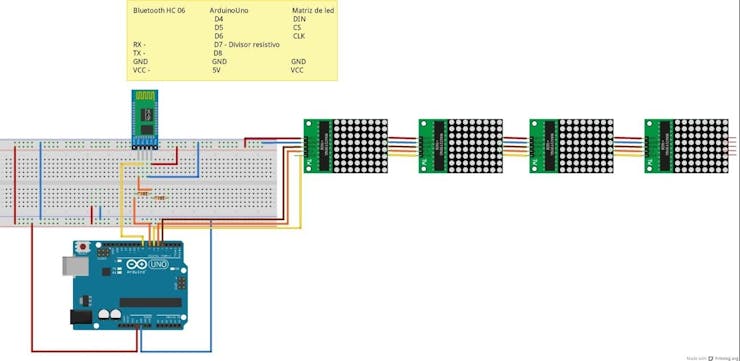 Figure 1 - Schematic circuit with the Bluetooth module connections and the LED arrays to the Arduino Uno.