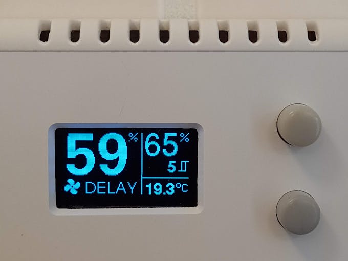 humidity below setpoint AND hysteresis --> fan off delay active (optional)