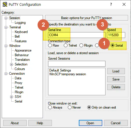 putty serial configuration