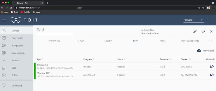 Aba APPS mostrando os aplicativos instalados no ESP32.