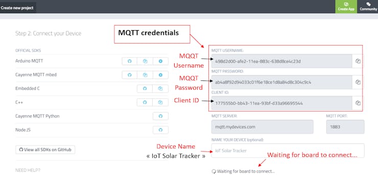 Fig. 6. MQTT credentials and device connection to Cayenne.