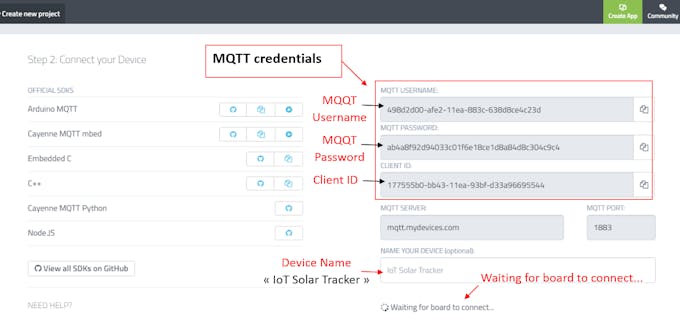 Fig. 6. MQTT credentials and device connection to Cayenne.