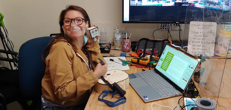 Stephanie holding the robo head