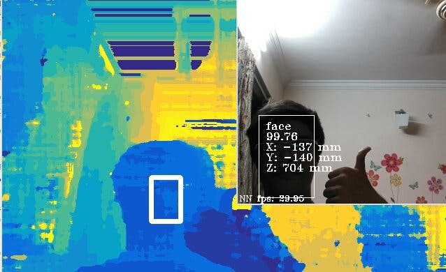 Left- Depth MAp. Right- RGB preview with detected Objects