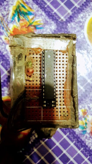 Fig: Top view with Bare-bone ATMega328p and other components soldered on the Veroboard.