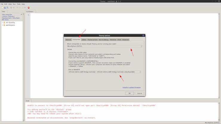Thonny interface - selecting the interpreter