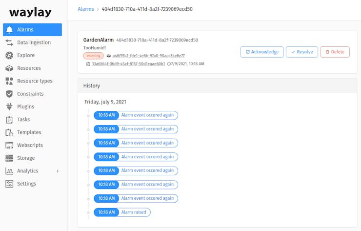 Alarm logs on Waylay IO