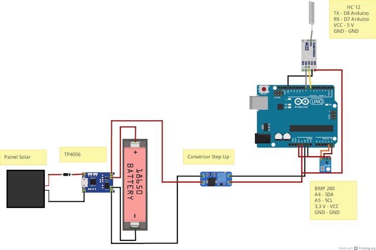 Figure 1 – Schematic circuit with the connections of the solar panel and TP4056 charger and Step Up converter.