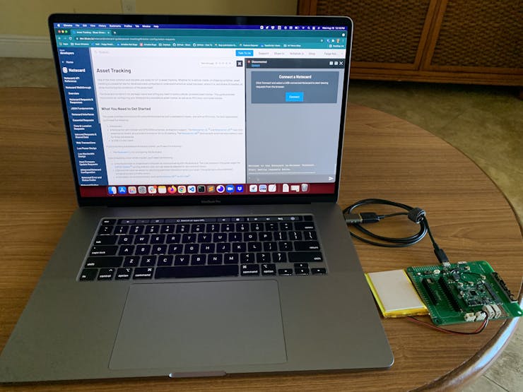 Notecarrier-AF connected to MacBook Pro via micro-USB to USB-A connector cable.