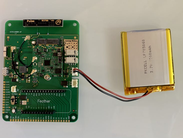 My Notecarrier-AF hooked up to its LiPo battery - this little device is ready to go. Notice I've removed the Feather microcontroller from the development board - it's a battery killer.