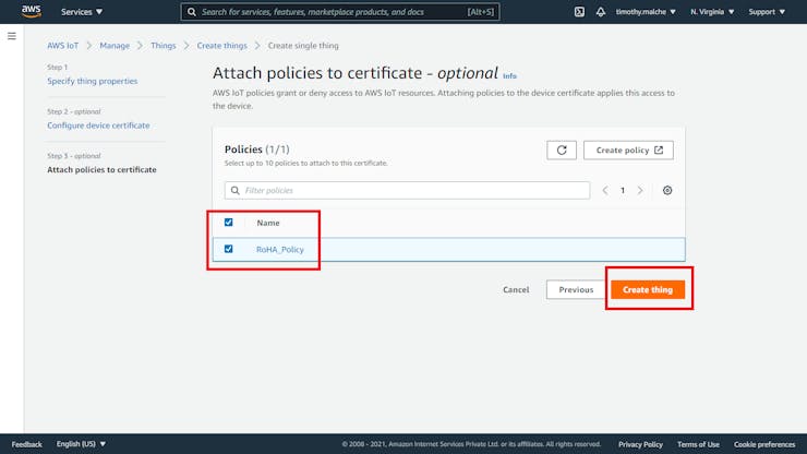 Attach policy and create thing