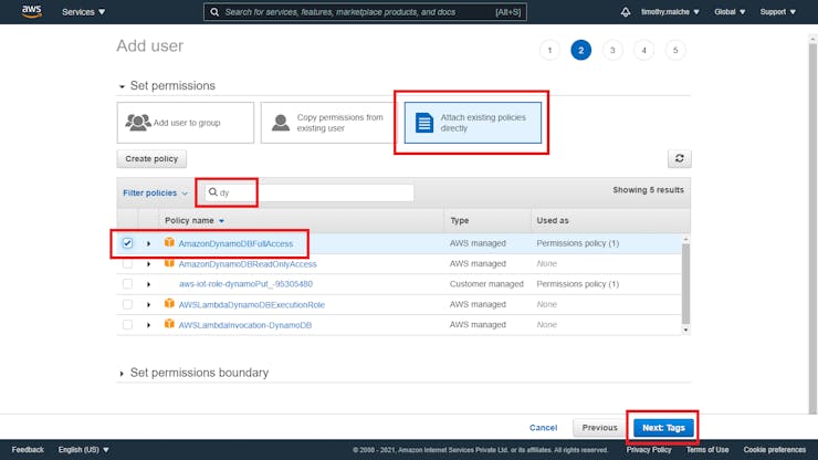 Attach policy to user