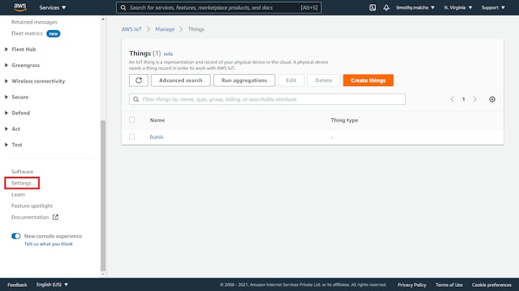 Settings of AWS IoT Core