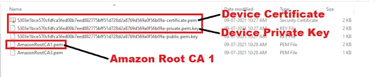 The files the stores the credentials of AWS IoT Core for secrets.h file