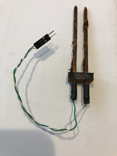 Figure 8b.  6D Nail type moisture sensor after months of use.  Significant corrosion is visible.