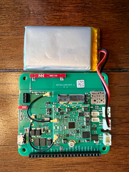The fully assembled Notecard, Notecarrier and LiPo battery set up.