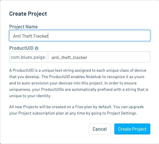 Notehub create a new project modal.