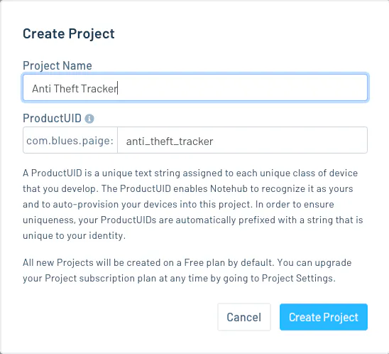 Notehub create a new project modal.